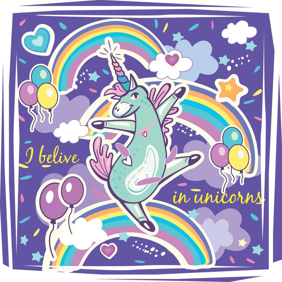 linda plantilla mágica de unicornio para tarjeta de invitación de fiesta de cumpleaños, baby shower, estampados infantiles, carteles, decoración vector