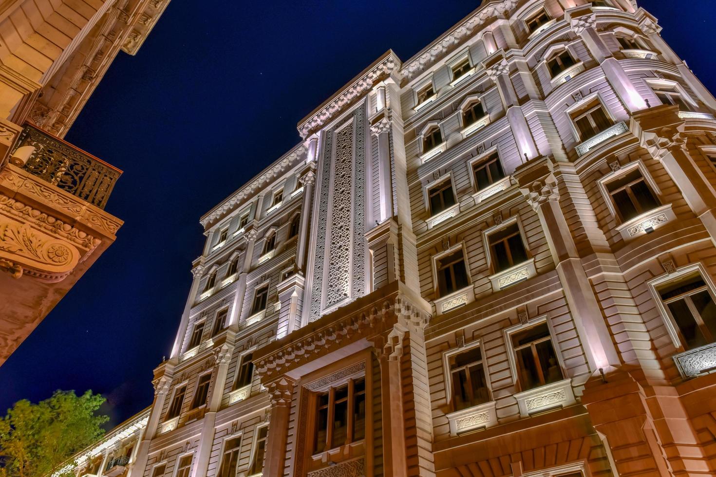 The Heydar Aliyev Foundation building at night. The foundation is named in honor of Azerbaijan's former leader, 2022 photo