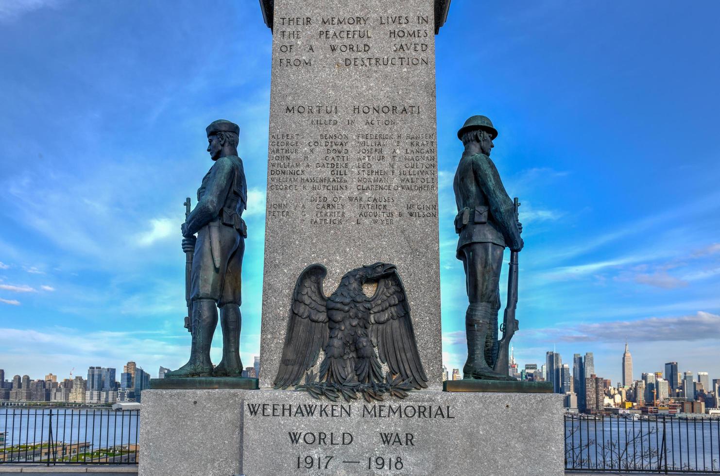 The Weehawken World War I Veterans Memorial in Weehawken, NJ. The U.S. had 116,708 military deaths and over 200,000 wounded during the war, 2022 photo