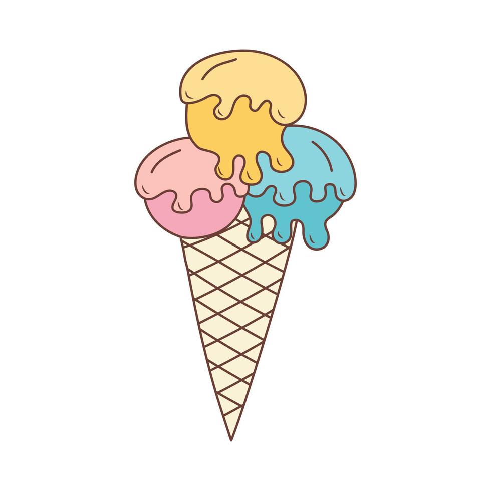 Melting ice cream balls in the waffle cone in doodle style. vector