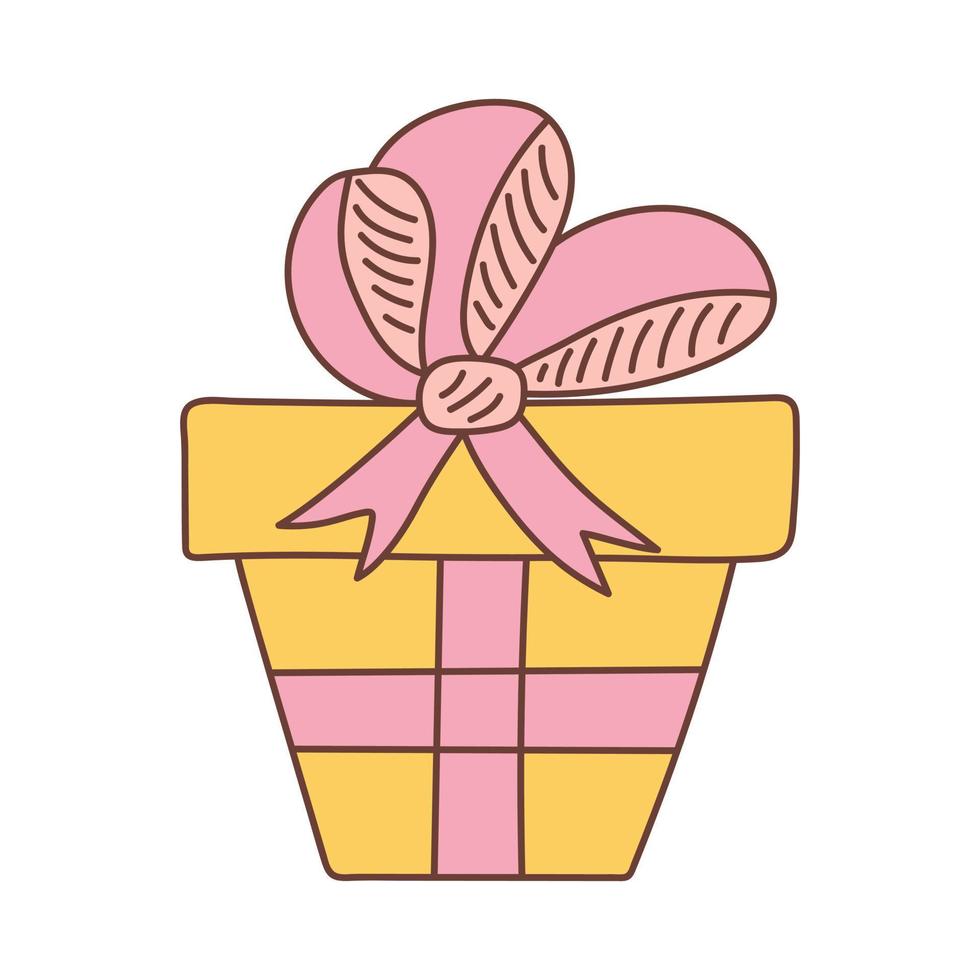 Gift box with ribbon and bow in doodle style. Black and white vector illustration for coloring book.