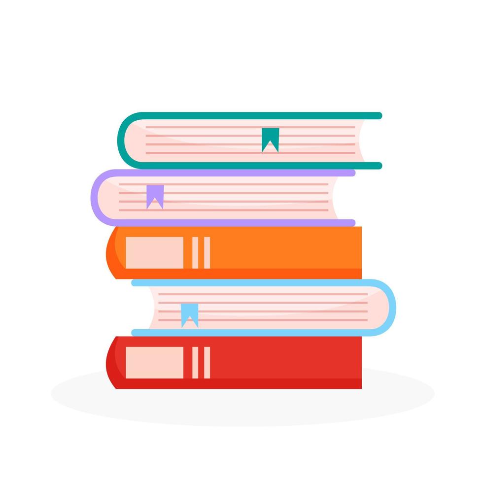 Pile of books in a flat style, isolated on a white background. Stack of books with bookmarks. vector