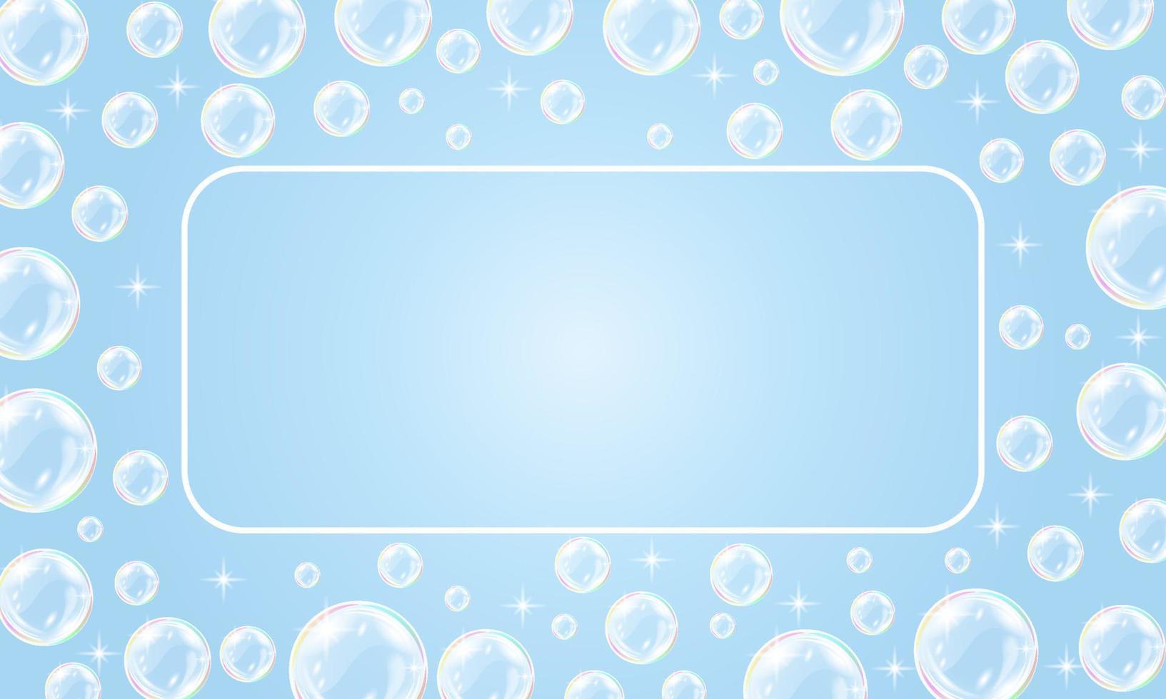 Soap bubbles background with frame. Vector abstract blue background