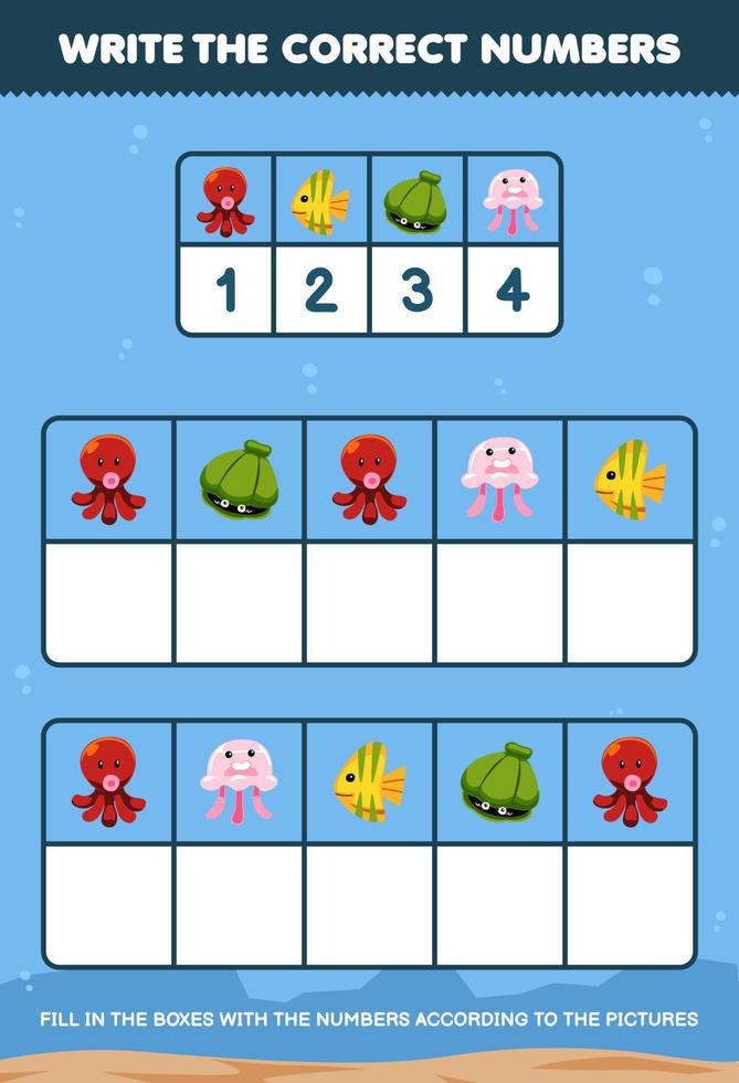 Education game for children write the right numbers in the box according to the cute octopus shell fish jellyfish pictures on the table printable underwater worksheet vector
