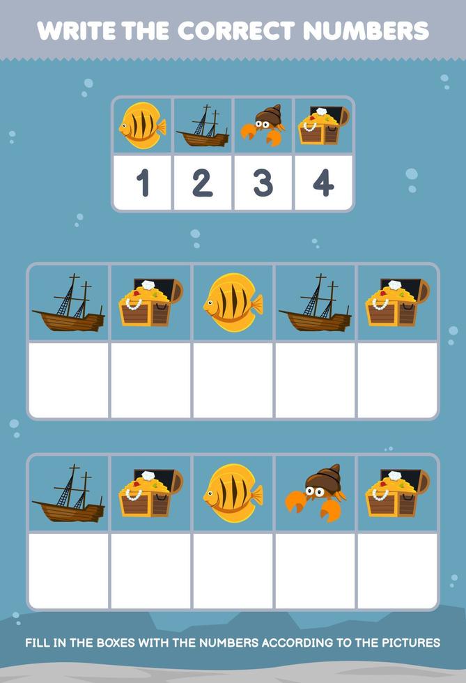 Education game for children write the right numbers in the box according to the cute fish hermit crab treasure pictures on the table printable underwater worksheet vector