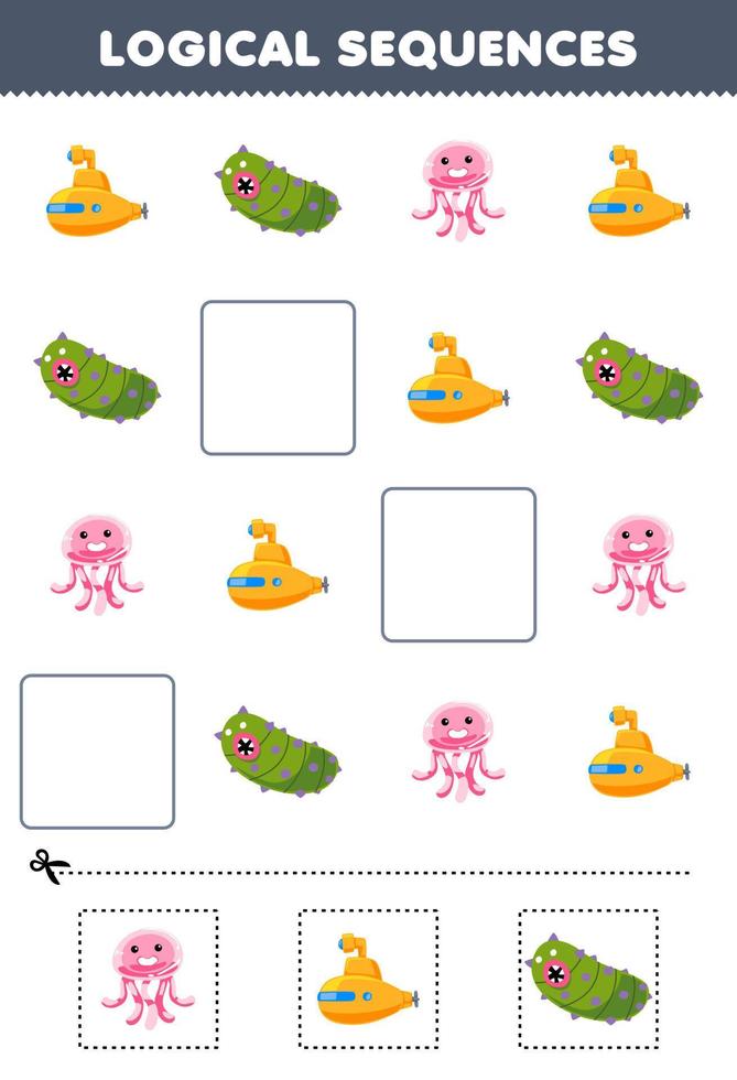 Education game for children logical sequences for kids with cute cartoon jellyfish submarine sea cucumber printable underwater worksheet vector