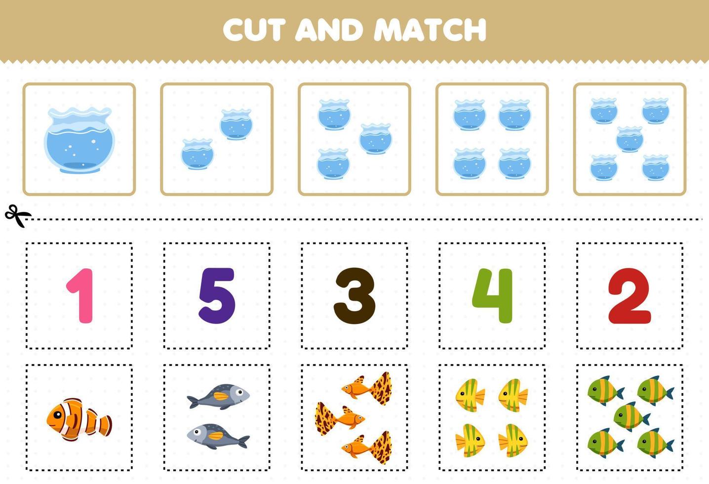 Education game for children cut and match the same number of cute cartoon fish printable underwater worksheet vector