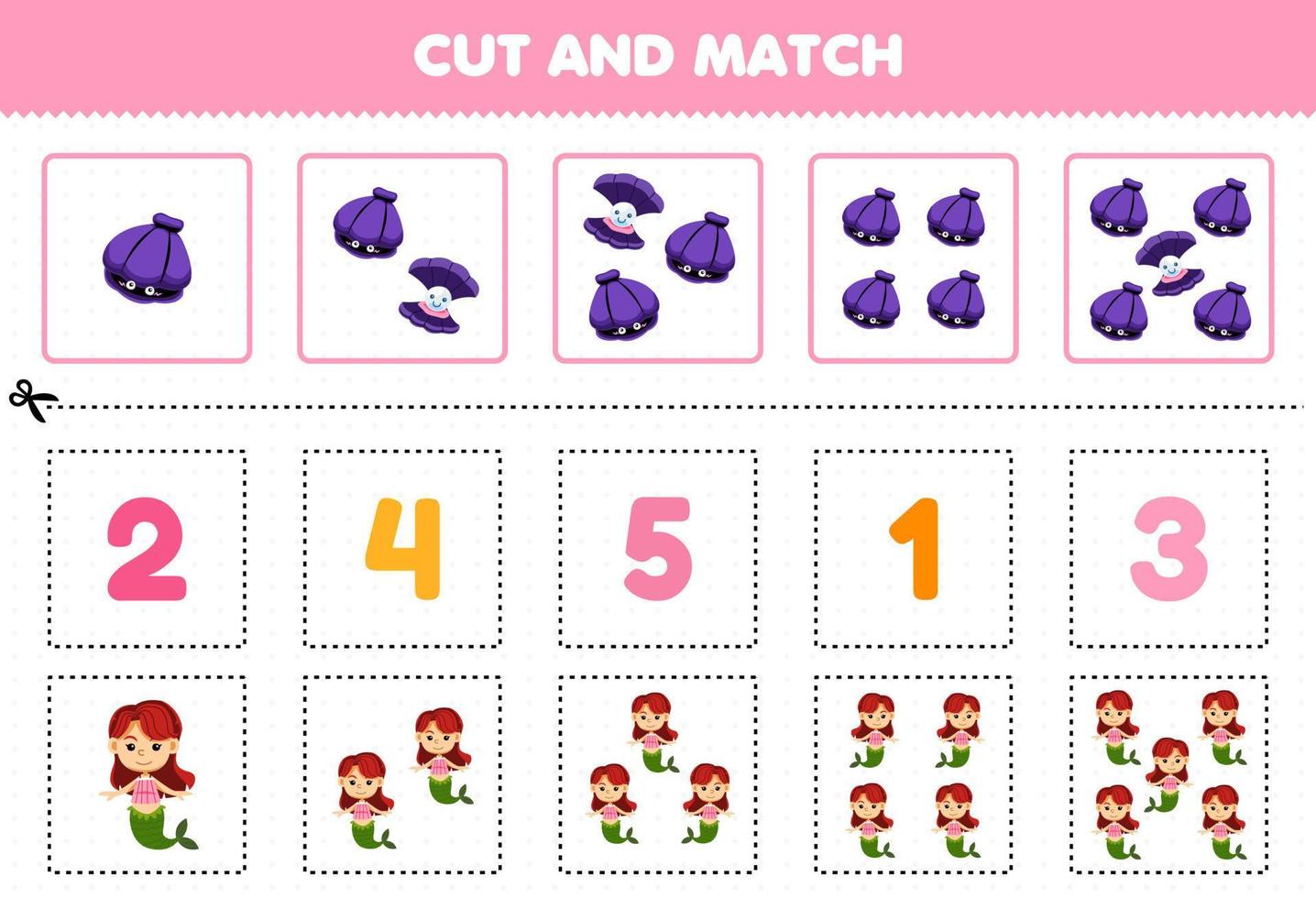 Education game for children cut and match the same number of cute cartoon mermaid and shell printable underwater worksheet vector