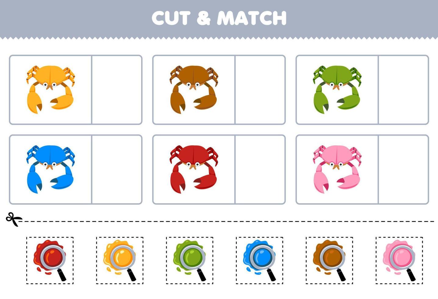 Education game for children cut and match the same color of cute cartoon crab printable underwater worksheet vector