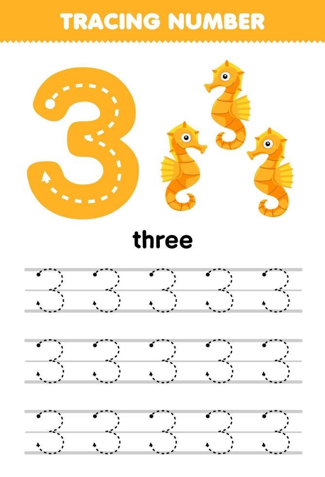 Education game for children tracing number three with cute cartoon seahorse picture printable underwater worksheet vector