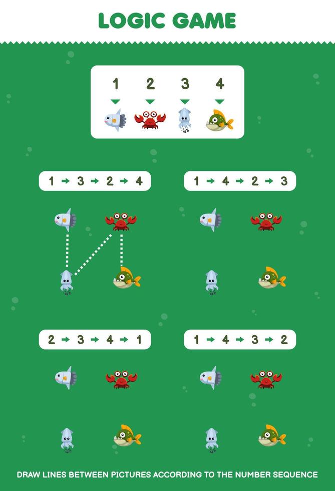 Education game for children draw lines according to the number sequences of cute cartoon sunfish crab squid piranha pictures printable underwater worksheet vector