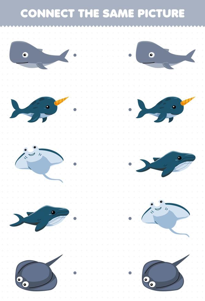 Education game for children connect the same picture of cartoon whale narwhal manta stingray printable underwater worksheet vector