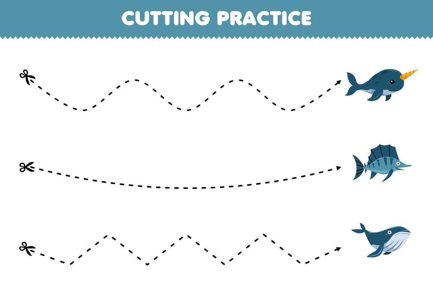 Education game for children cutting practice with cute cartoon narwhal fish whale picture printable underwater worksheet vector