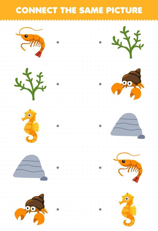 juego educativo para niños conectar la misma imagen de camarones de dibujos animados algas caballito de mar piedra cangrejo ermitaño hoja de trabajo subacuática imprimible vector