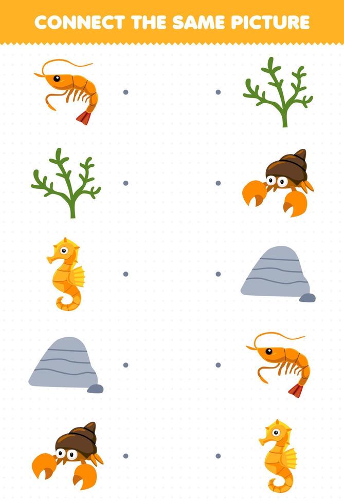 Education game for children connect the same picture of cartoon shrimp seaweed seahorse stone hermit crab printable underwater worksheet vector