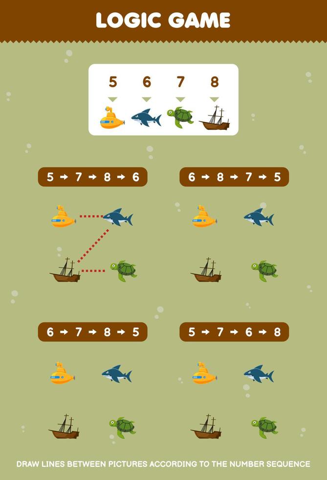 Education game for children draw lines according to the number sequences of cute cartoon submarine shark turtle wrecked ship pictures printable underwater worksheet vector