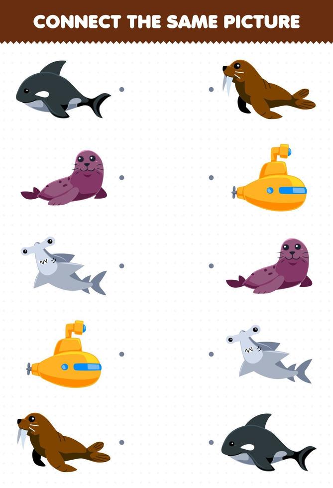 Education game for children connect the same picture of cartoon orca seal hammer shark submarine walrus printable underwater worksheet vector