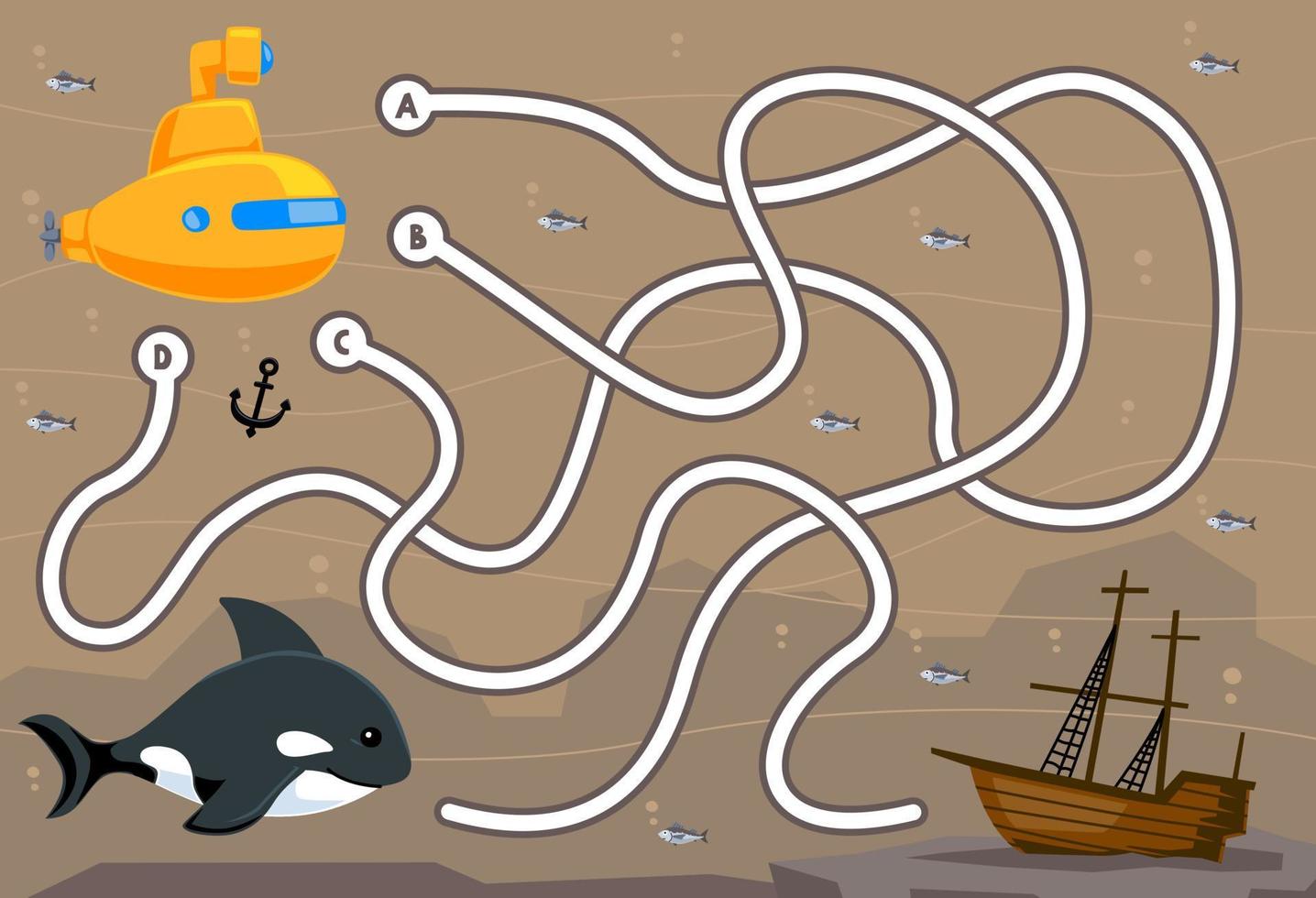juego de rompecabezas de laberinto para niños con linda orca submarina de dibujos animados y hoja de trabajo subacuática imprimible de barco naufragado vector