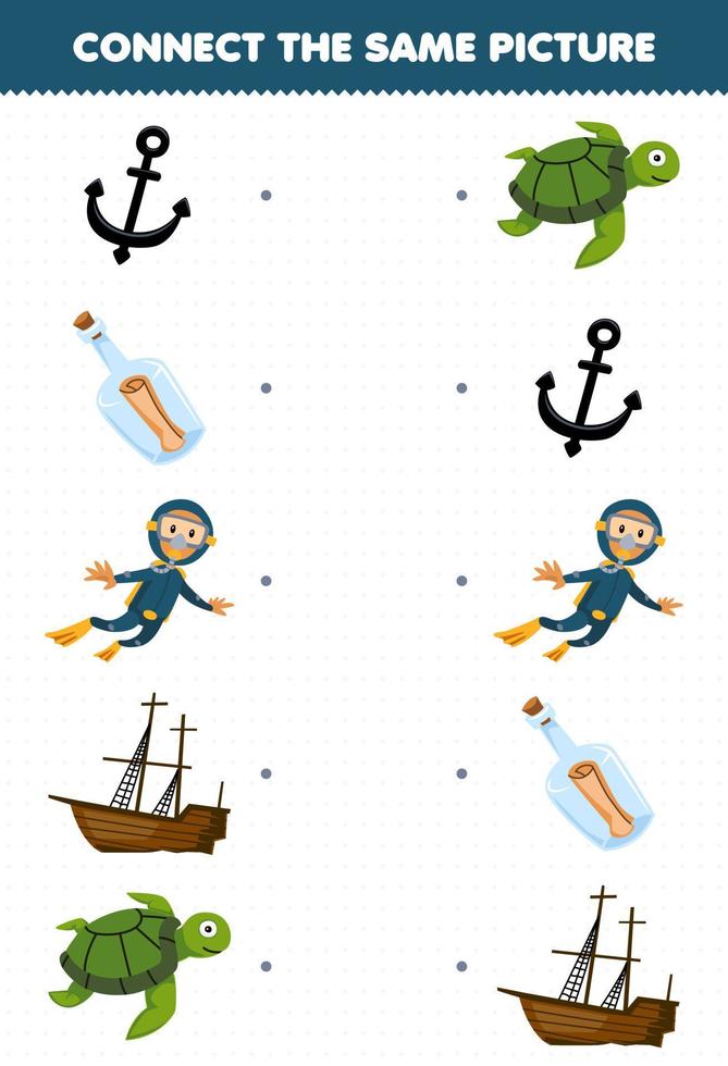 juego educativo para niños conectar la misma imagen de dibujos animados ancla botella buzo barco naufragado tortuga hoja de trabajo subacuática imprimible vector