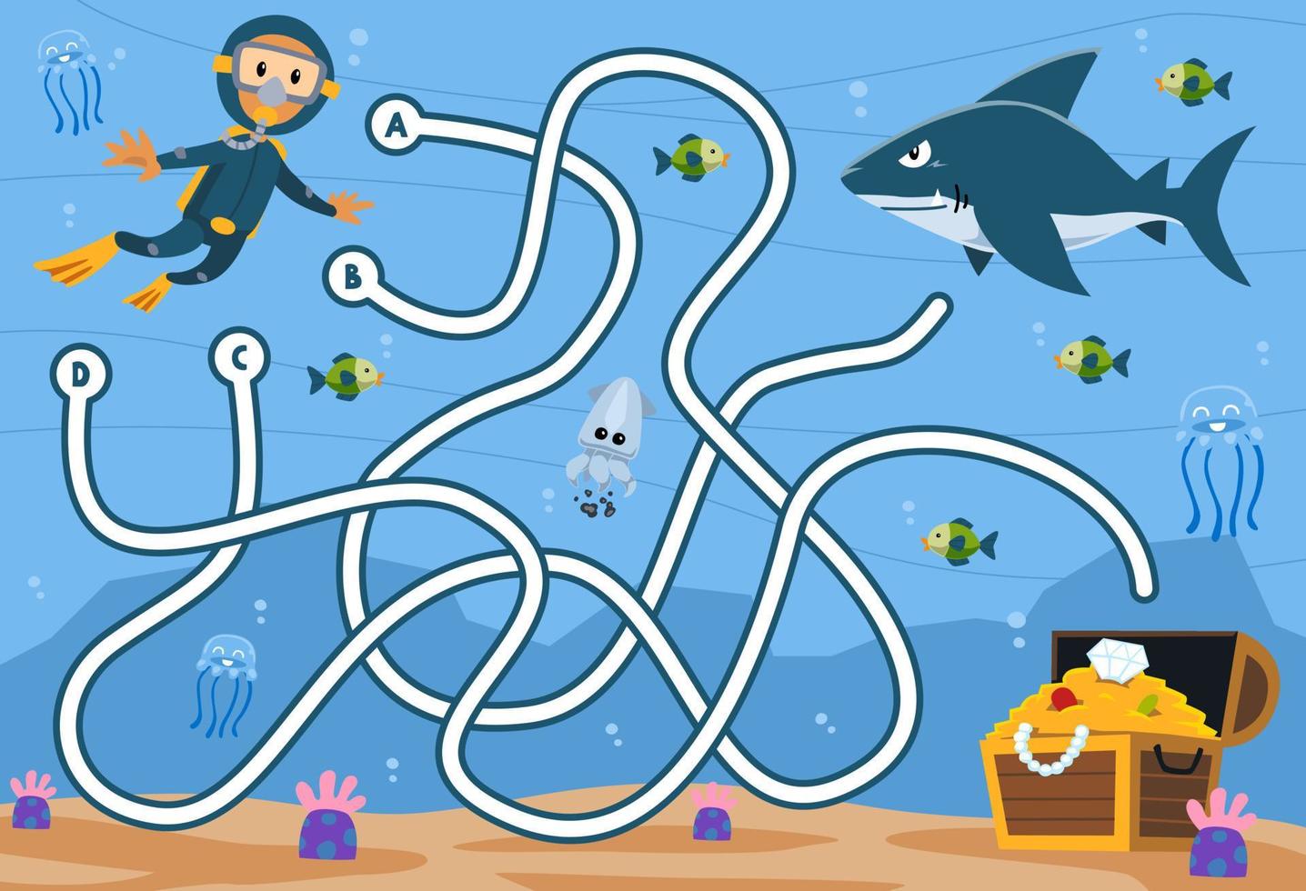 Maze puzzle game for children with cute cartoon diver shark and treasure chest printable underwater worksheet vector