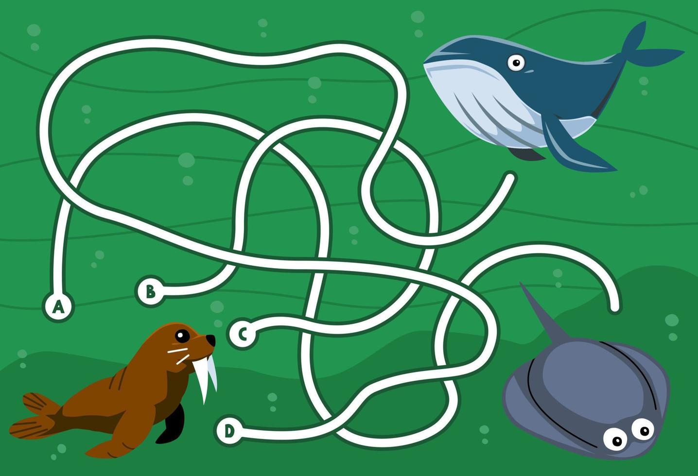 Maze puzzle game for children with cute cartoon walrus whale and stingray printable underwater worksheet vector