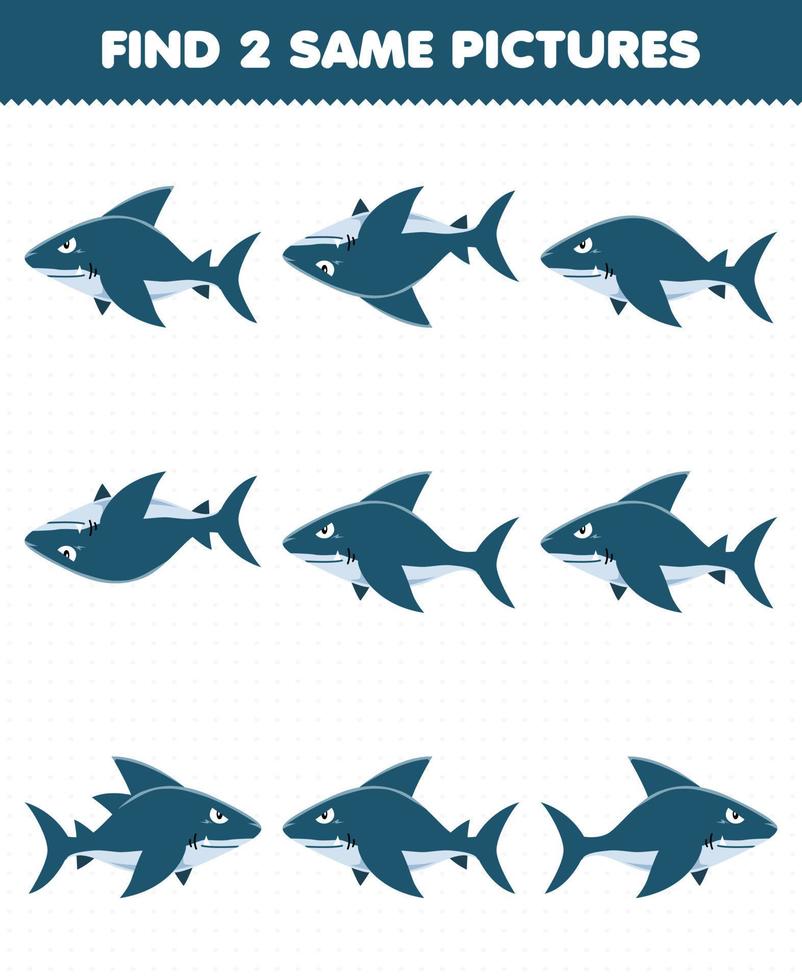 Education game for children find two same pictures of cute cartoon shark printable underwater worksheet vector