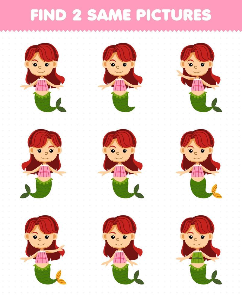 Education game for children find two same pictures of cute cartoon mermaid printable underwater worksheet vector