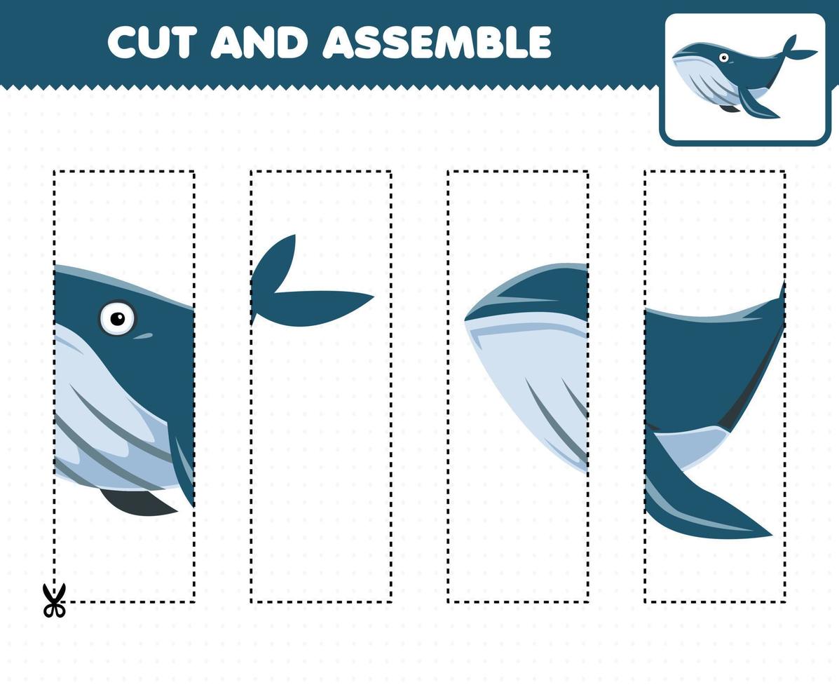 Education game for children cutting practice and assemble puzzle with cute cartoon whale printable underwater worksheet vector