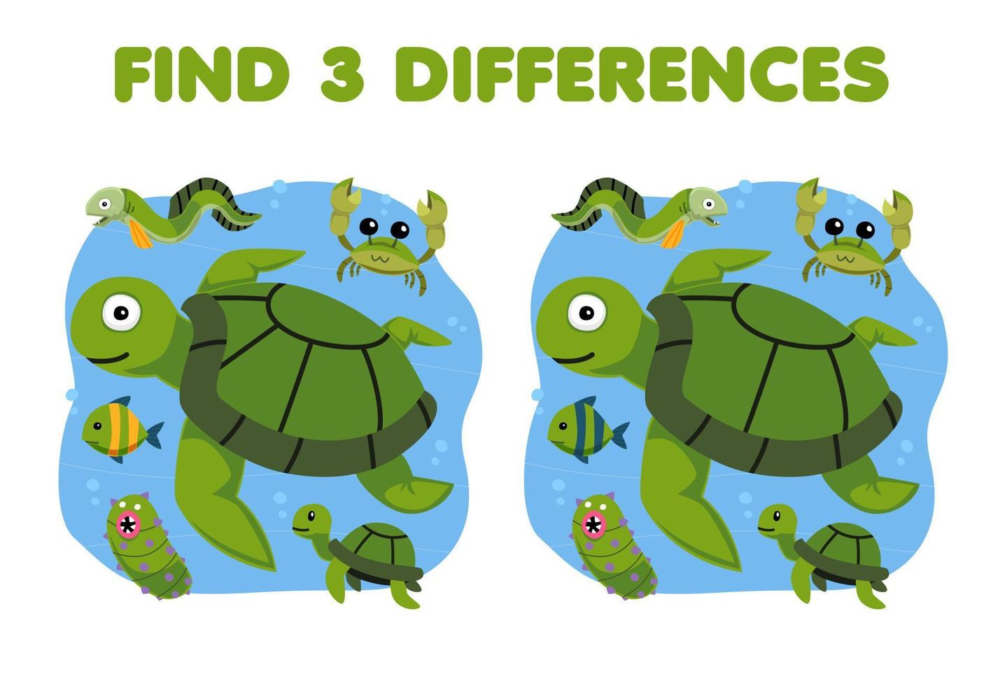 Education game for children find three differences between two cute cartoon green turtle printable underwater worksheet vector