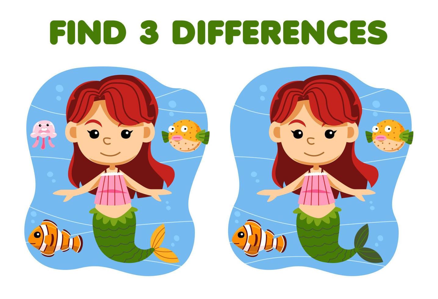 Education game for children find three differences between two cute cartoon mermaid with fish and jellyfish printable underwater worksheet vector