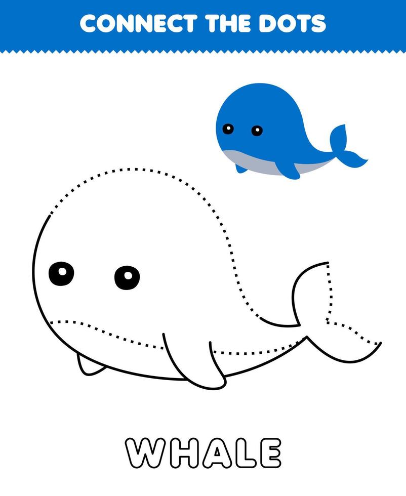 Education game for children connect the dots and coloring practice with cute cartoon whale printable underwater worksheet vector