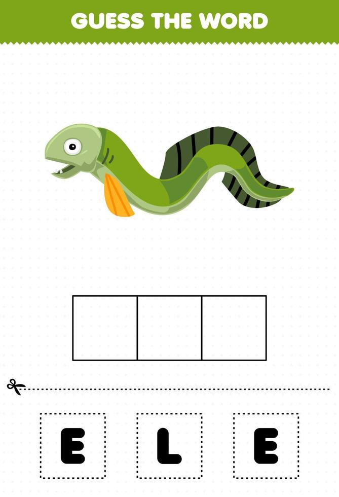 juego educativo para niños adivinar las letras de las palabras practicando la hoja de trabajo subacuática imprimible de anguila de dibujos animados lindo vector