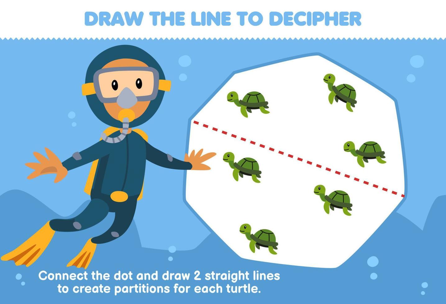 Education game for children help diver draw the lines to separate each turtle printable underwater worksheet vector
