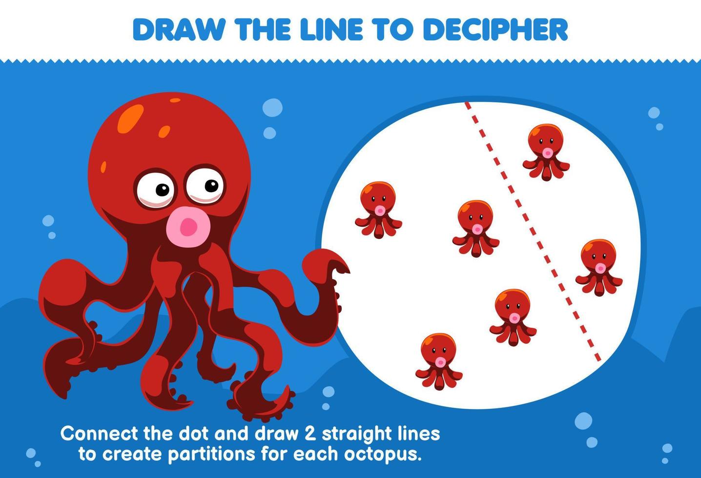 Education game for children help octopus draw the lines to separate each baby octopus printable underwater worksheet vector