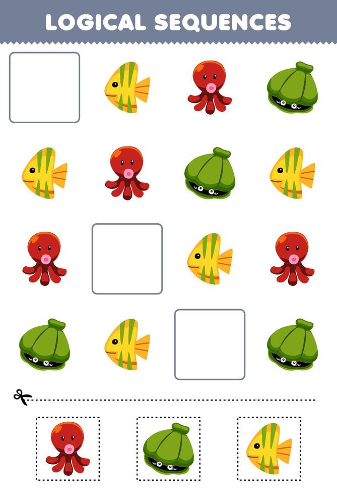 Education game for children logical sequences for kids with cute cartoon octopus shell fish printable underwater worksheet vector