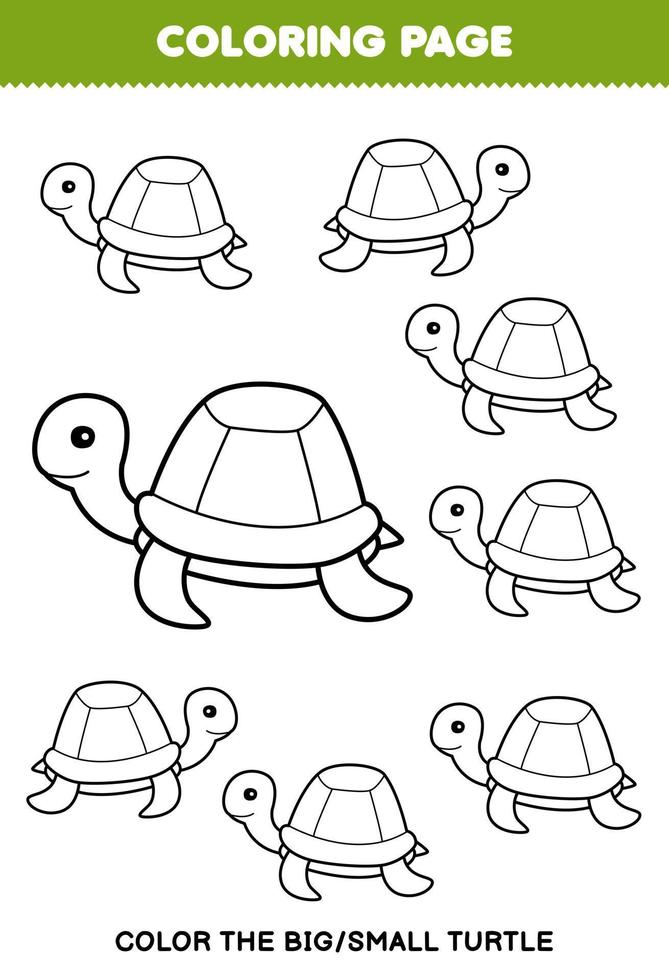 Education game for children coloring page big or small picture of cute cartoon turtle line art printable underwater worksheet vector