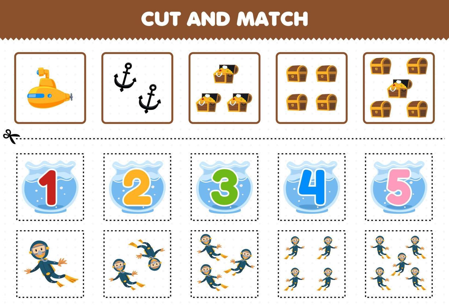 Education game for children cut and match the same number of cute cartoon diver submarine anchor and treasure chest printable underwater worksheet vector