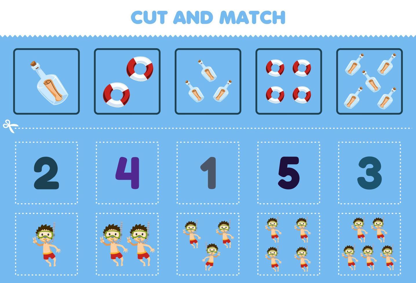 Education game for children cut and match the same number of cute cartoon diver bottle and lifebuoy printable underwater worksheet vector