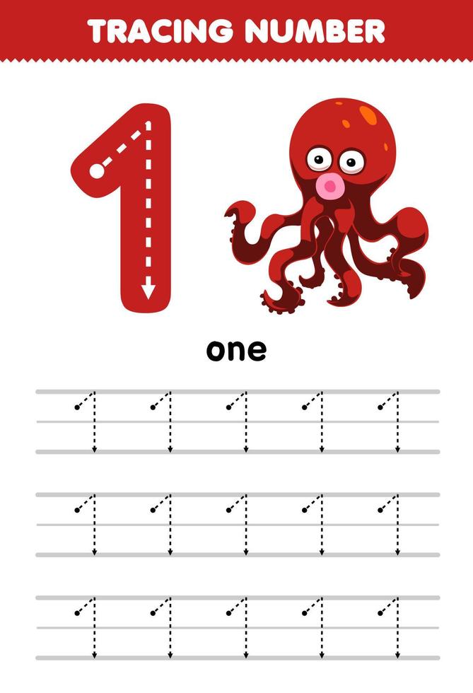 Education game for children tracing number one with cute cartoon octopus picture printable underwater worksheet vector
