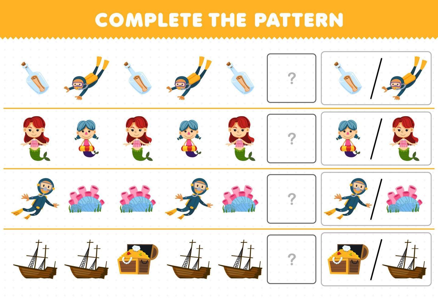 Education game for children complete the pattern by guess the correct picture of cute cartoon diver mermaid wrecked ship treasure printable underwater worksheet vector