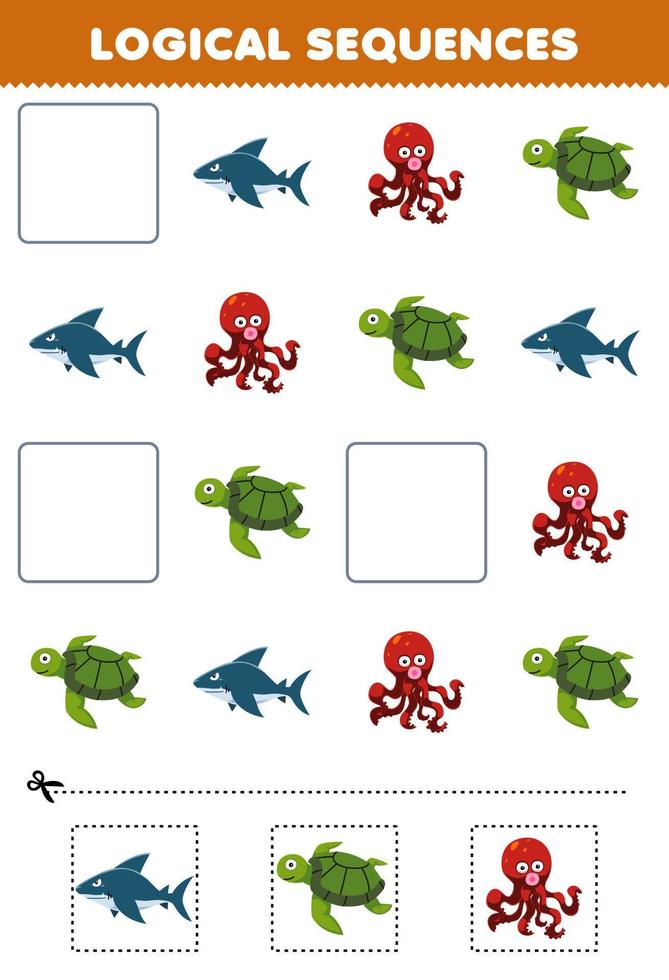 Education game for children logical sequences for kids with cute cartoon shark turtle octopus printable underwater worksheet vector