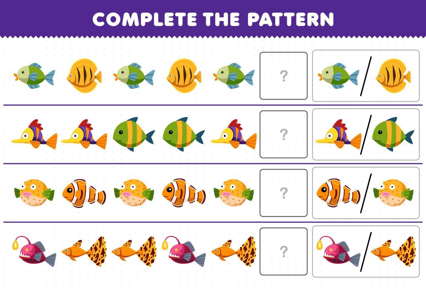 Education game for children complete the pattern by guess the correct picture of cute cartoon fish printable underwater worksheet vector