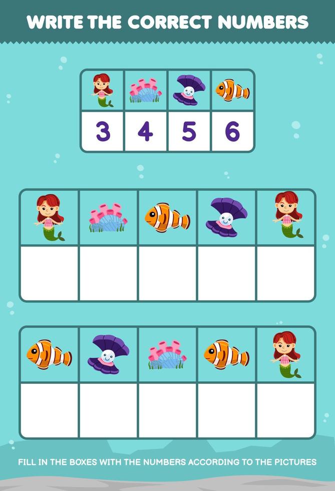 juego educativo para niños escribe los números correctos en el cuadro de acuerdo con las lindas imágenes de peces de conchas de coral sirena en la mesa hoja de trabajo subacuática imprimible vector