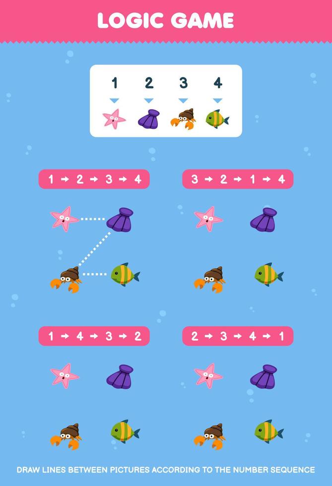 Education game for children draw lines according to the number sequences of cute cartoon starfish shell hermit crab fish pictures printable underwater worksheet vector