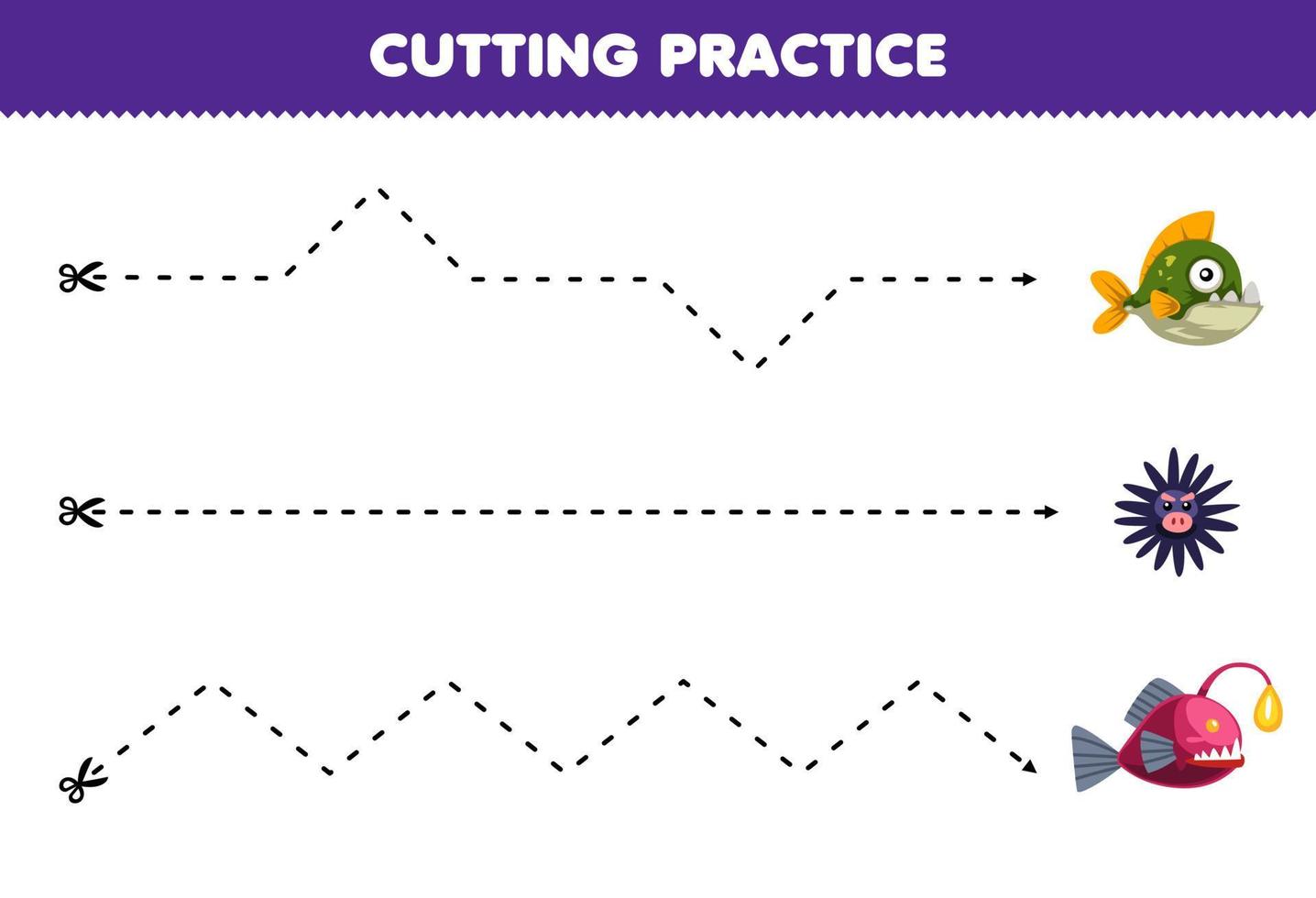 Education game for children cutting practice with cute cartoon urchin piranha fish picture printable underwater worksheet vector