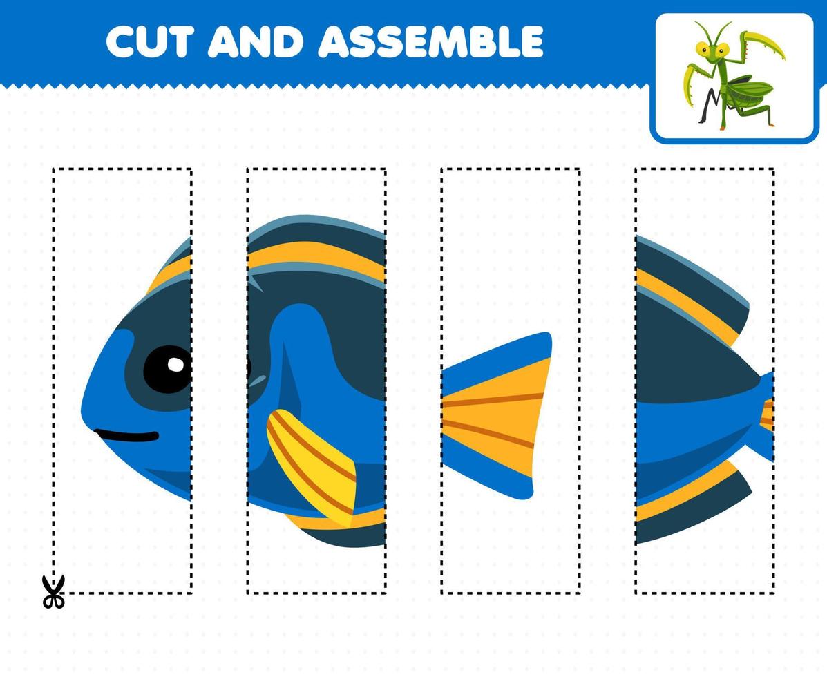 Education game for children cutting practice and assemble puzzle with cute cartoon fish printable underwater worksheet vector