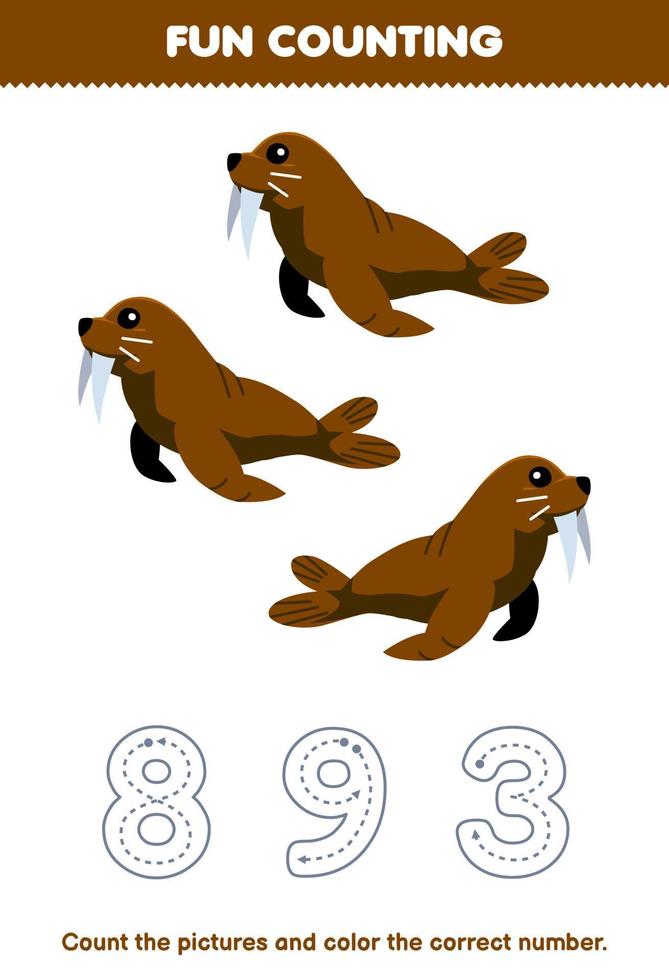 Education game for children count the pictures and color the correct number from cute cartoon walrus printable underwater worksheet vector