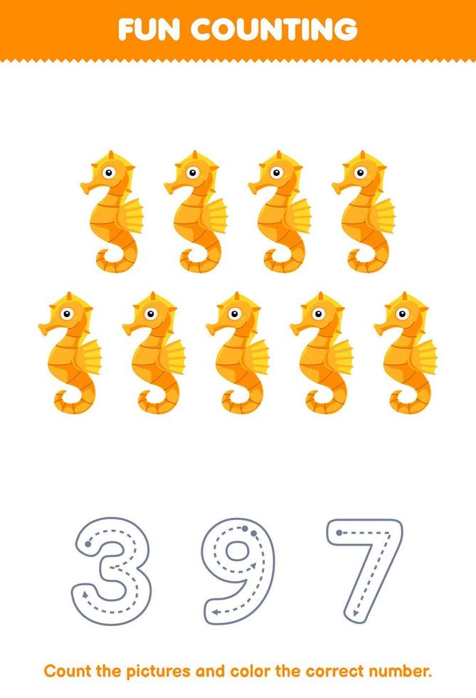 Education game for children count the pictures and color the correct number from cute cartoon seahorse printable underwater worksheet vector