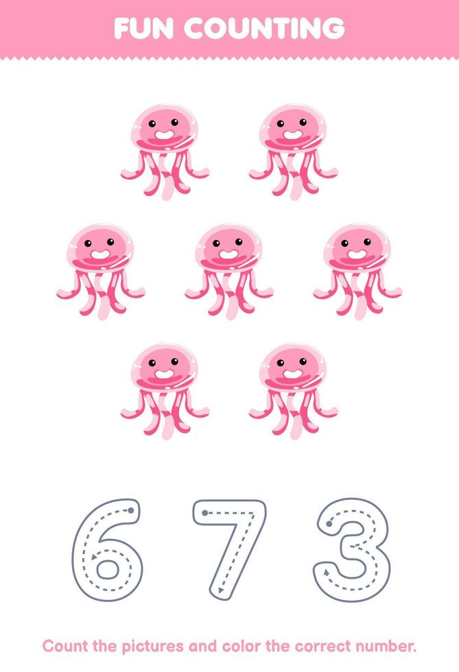 Education game for children count the pictures and color the correct number from cute cartoon jellyfish printable underwater worksheet vector