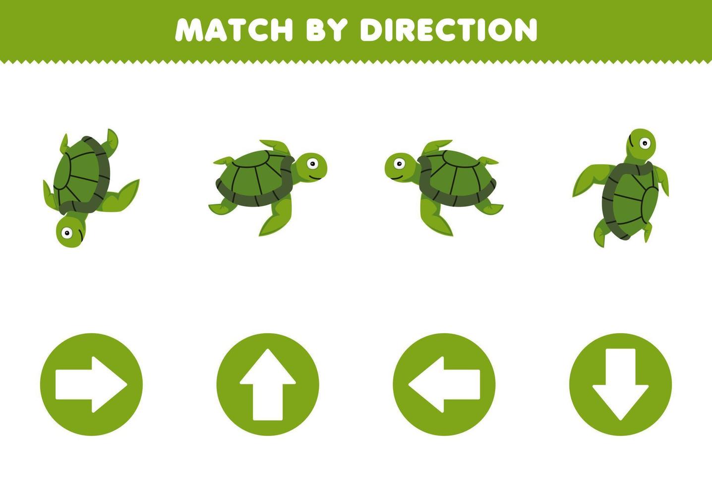 Education game for children match by direction left right up or down orientation of cute cartoon turtle printable underwater worksheet vector